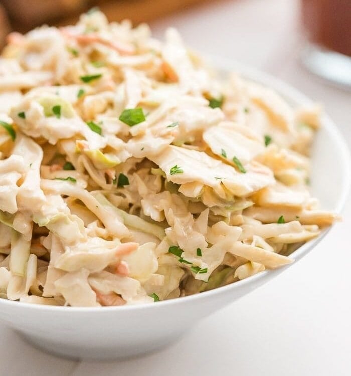 Healthy coleslaw in a white bowl