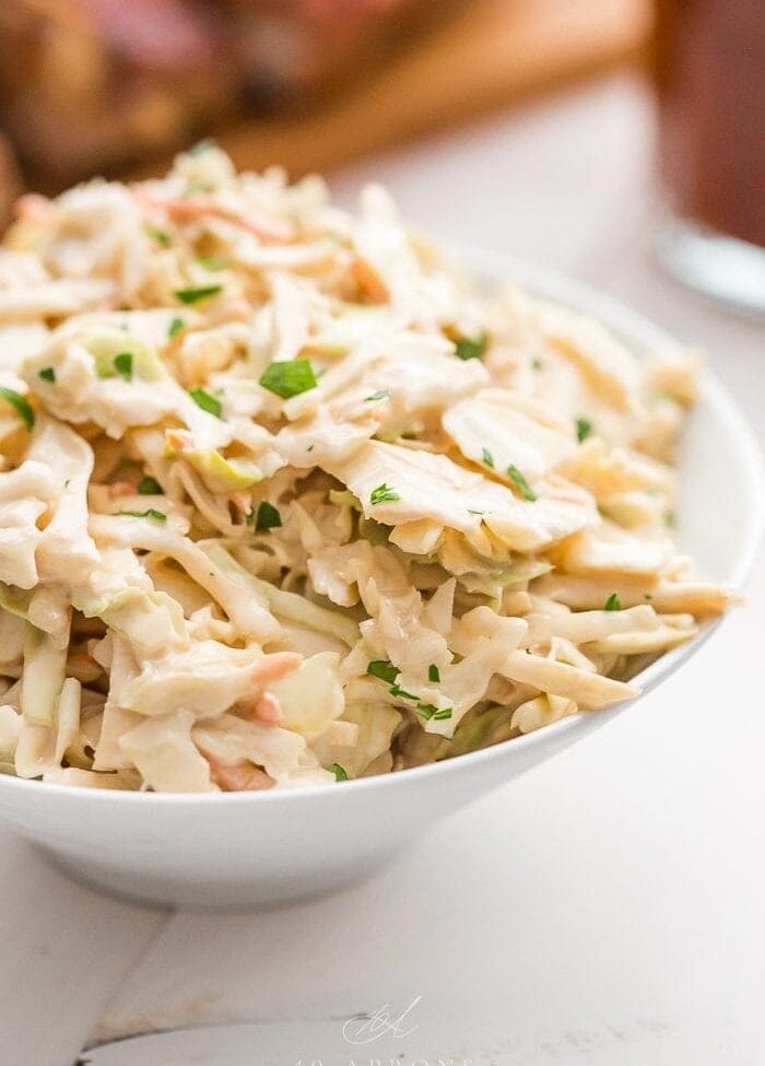 Healthy coleslaw in a white bowl