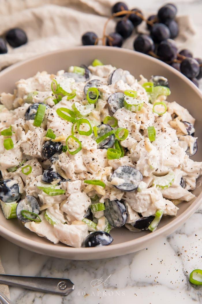 A bowl of Whole30 chicken salad in a ceramic bowl