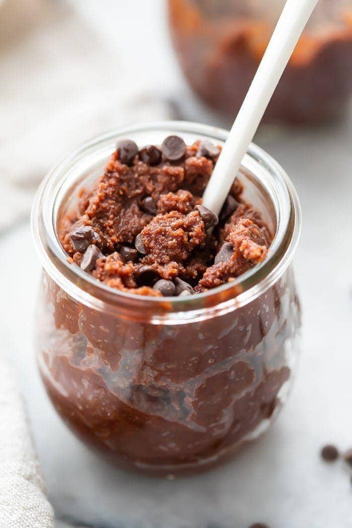 close up image of brownie batter with chocolate chips