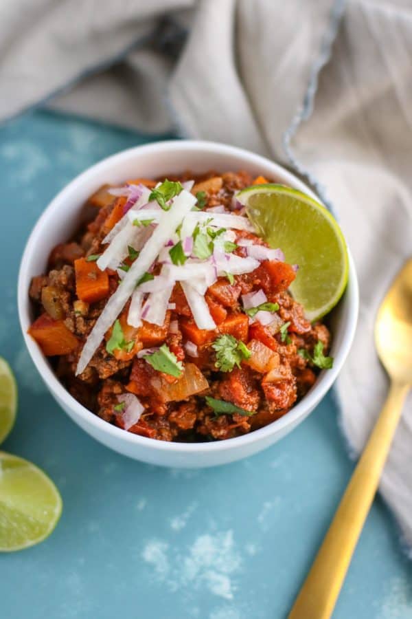 Slow cooker whole30 potato chili in a white bowl