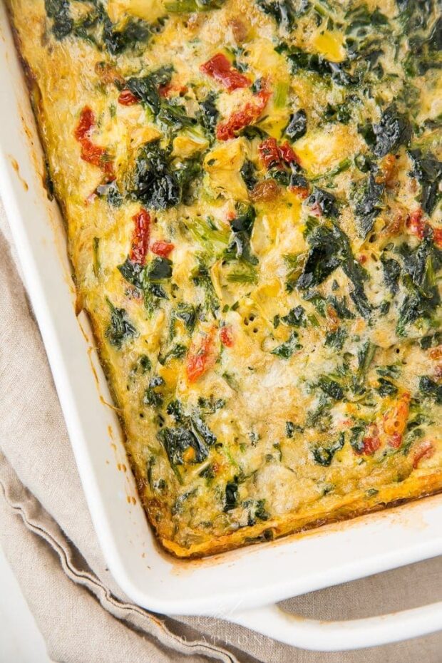 Baked Italian breakfast casserole in a white oven dish