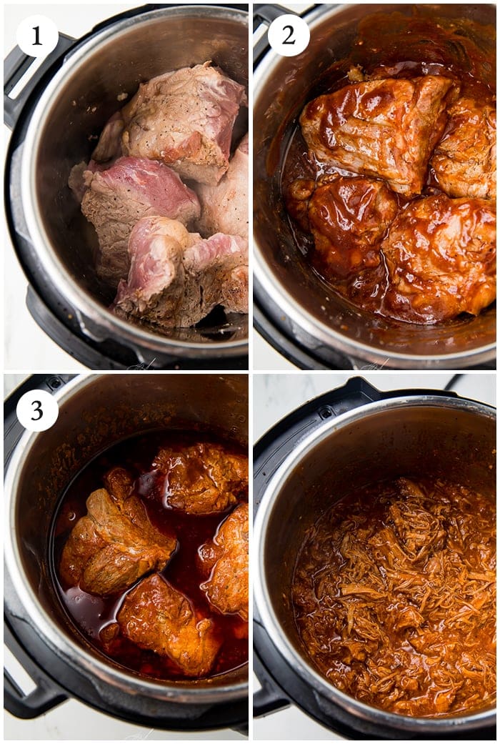 step by step instruction photo for Instant Pot pulled pork covered in barbecue sauce.