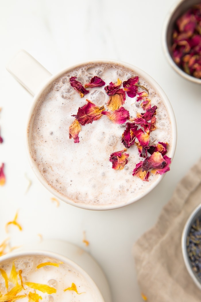 Cherry moon milk in a white mug