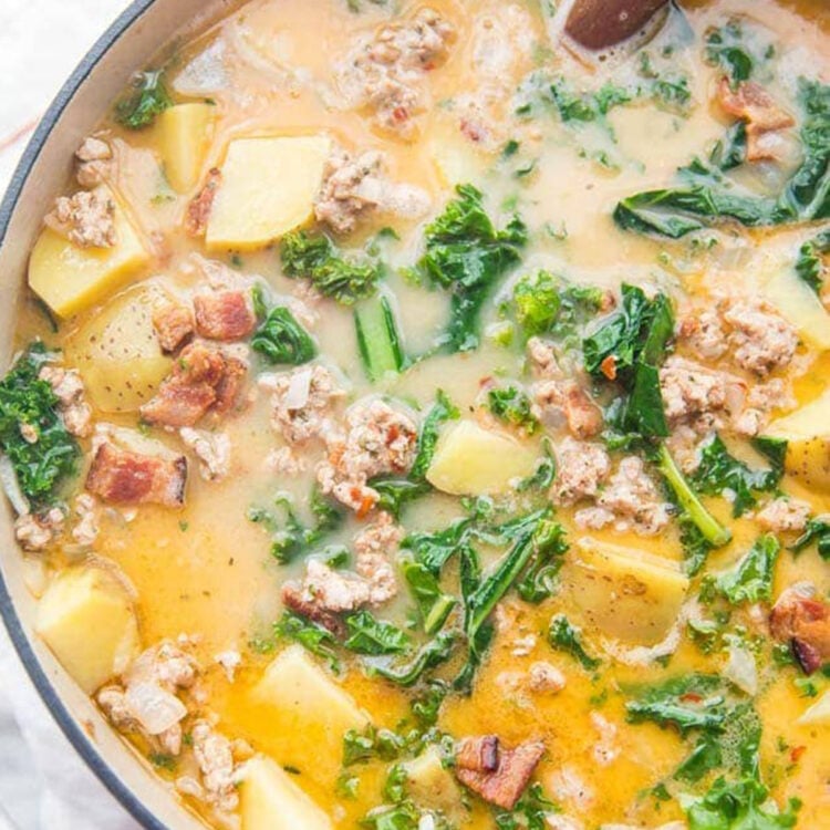A large pot of Whole30 healthy zuppa toscana recipe.
