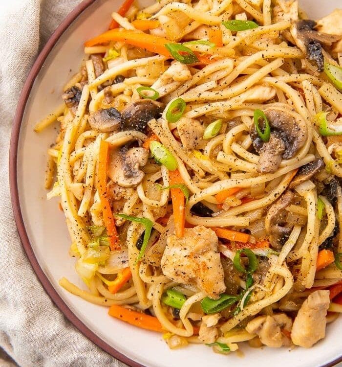 Overhead photo of a bowl of Whole30 chicken lo mein