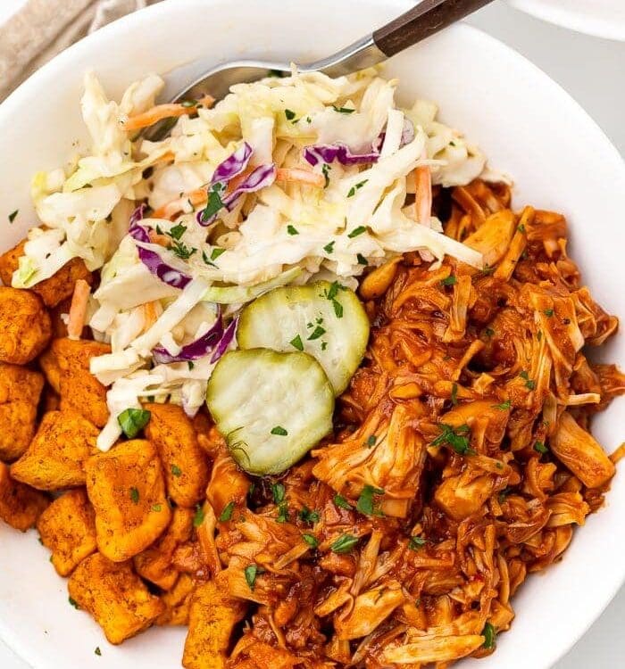BBQ jackfruit bowl with slaw and pickles