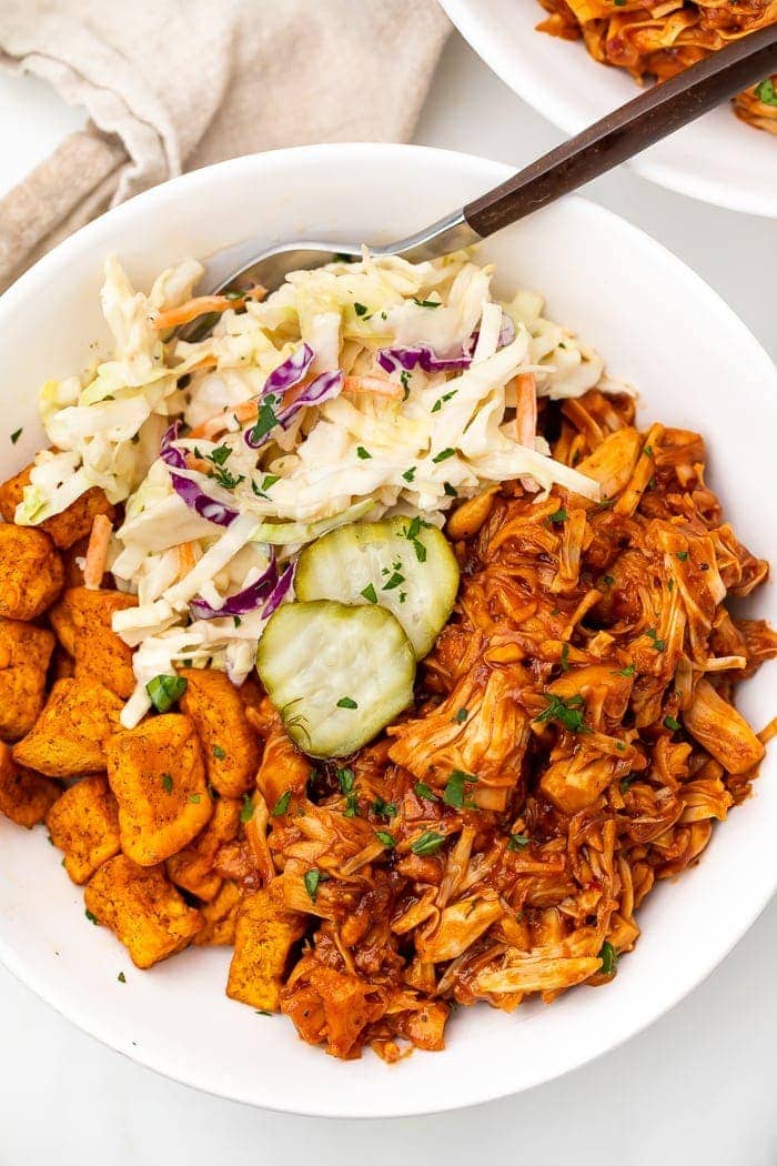 BBQ jackfruit bowl with slaw and pickles