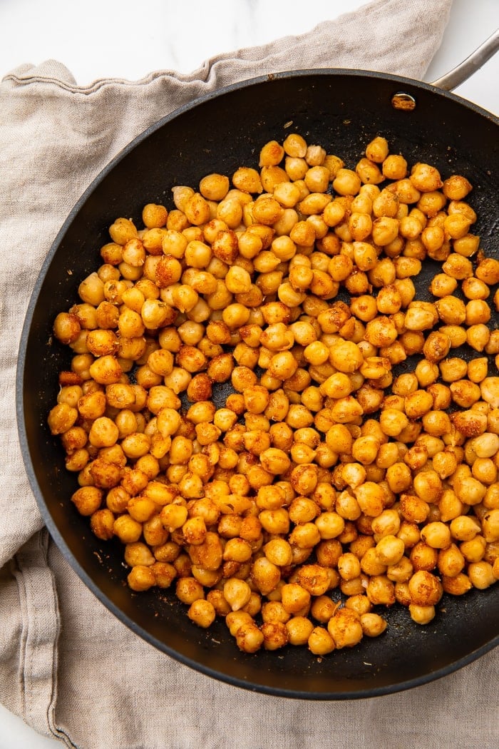 Cooked chickpeas in a skillet