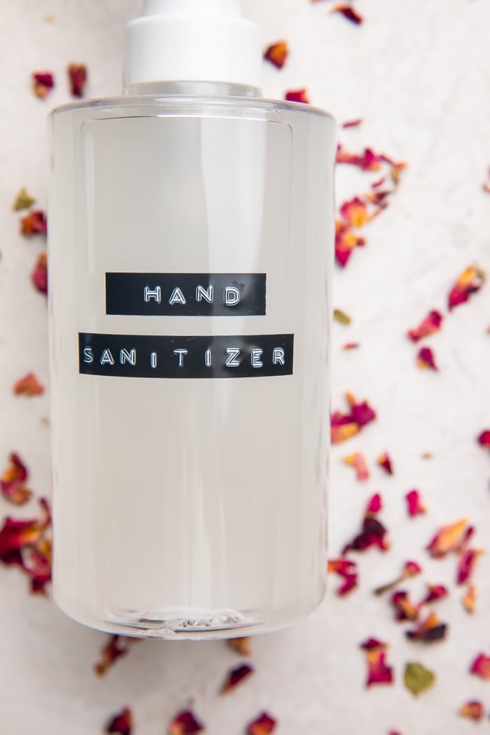 Close up of "hand sanitizer" label on DIY bottle