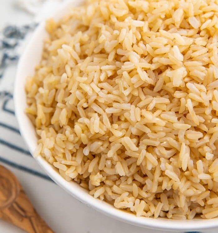 Brown rice in a white bowl