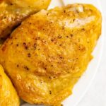Instant pot frozen chicken thighs on a white plate - - easy chicken recipes for dinners with few ingredients