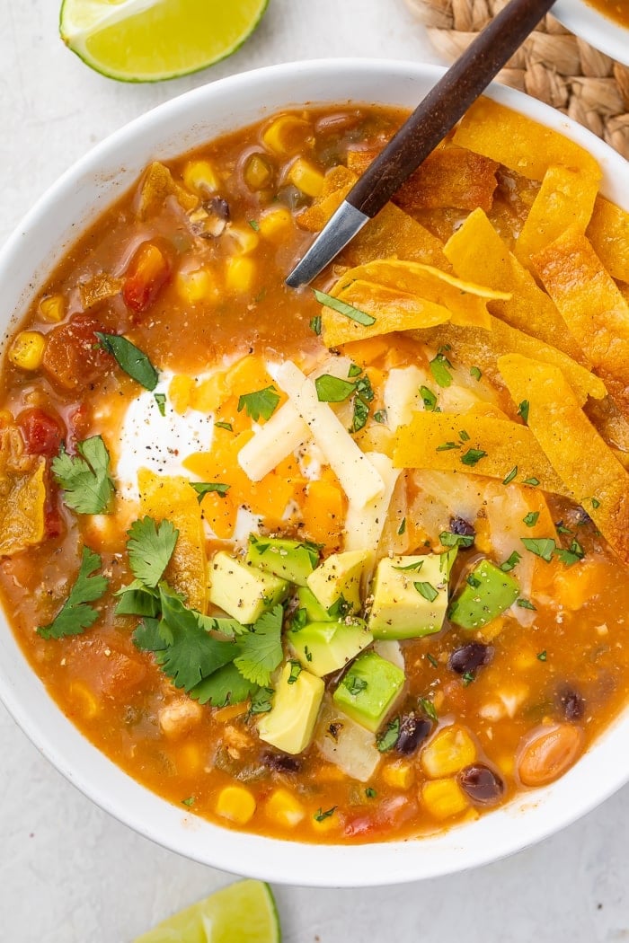 Close-up of taco soup in a bowl