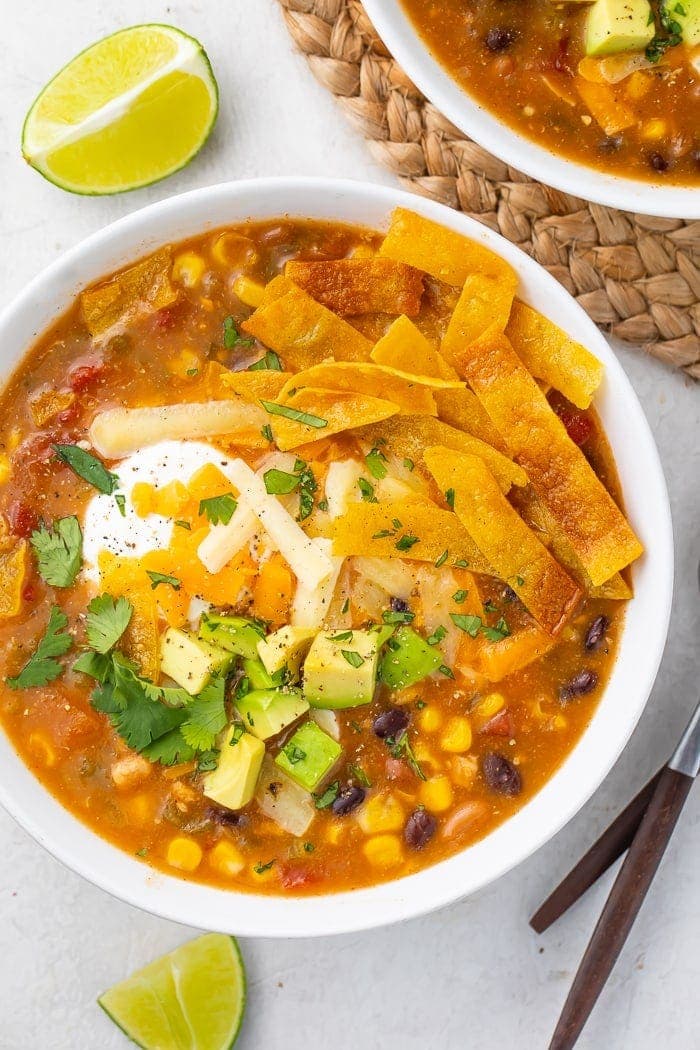 8 can taco soup in a white bowl