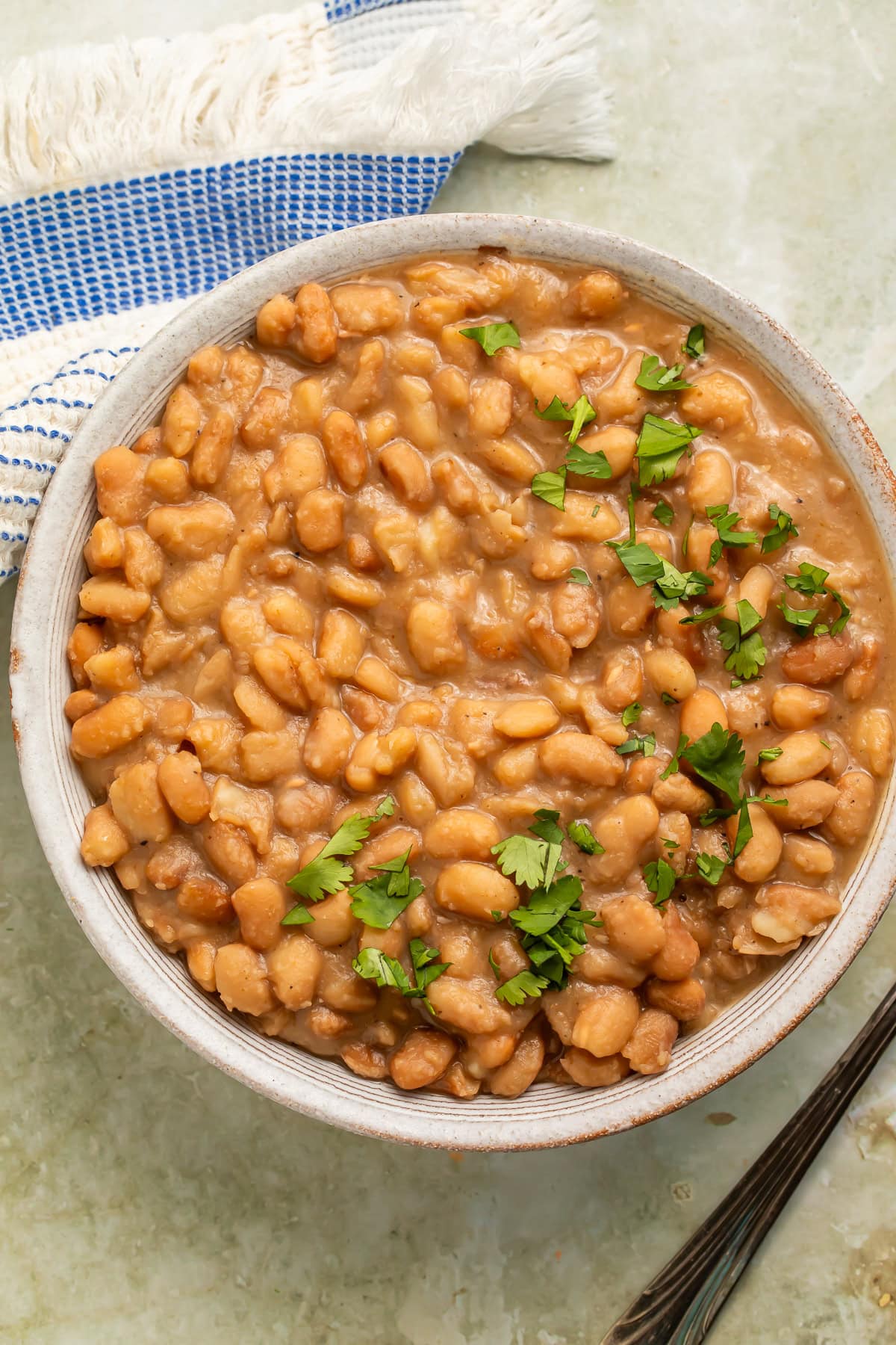 White bowl of cooked pinto beans with chopped cilantro scattered on top.