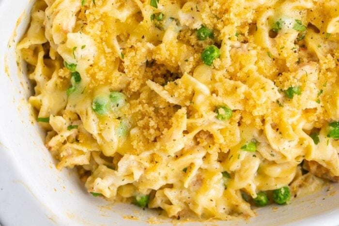 Close up of tuna noodle casserole in white dish