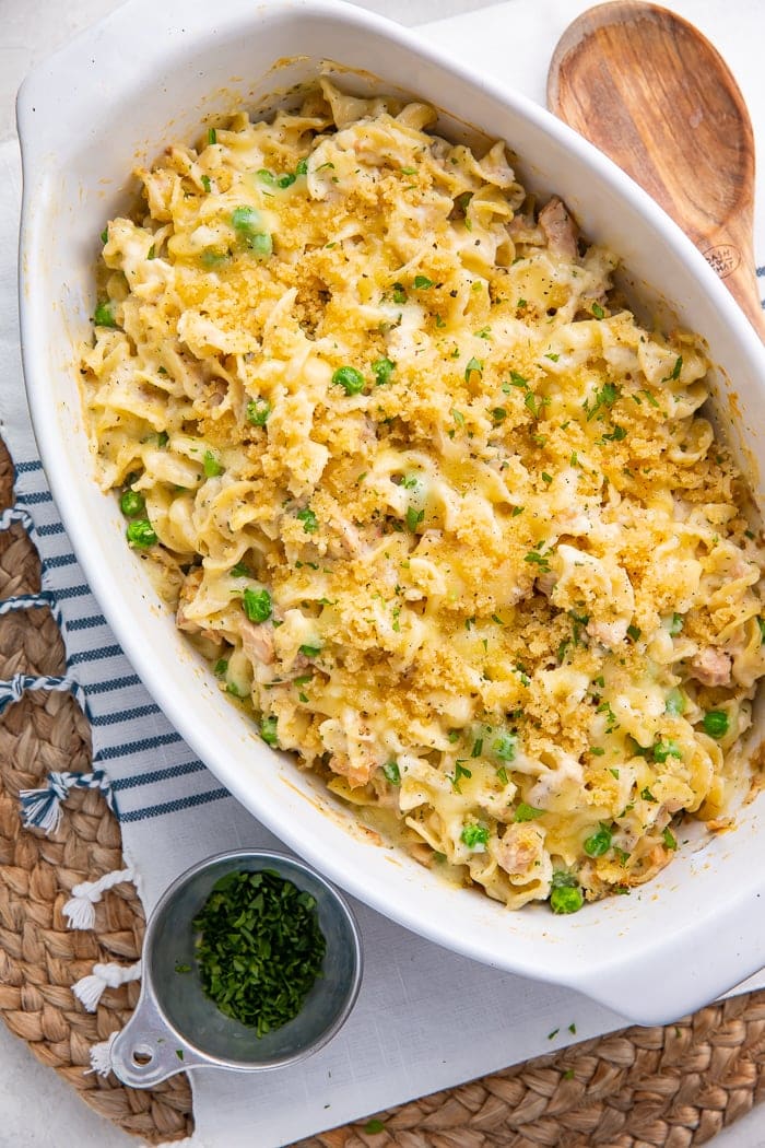 Tuna noodle casserole in a baking dish