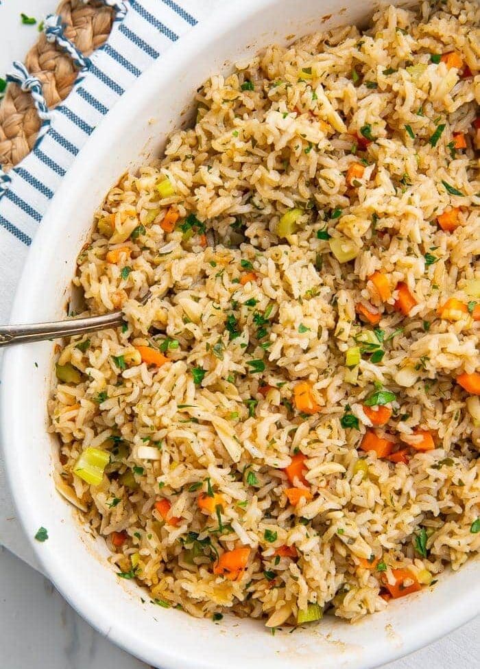 Rice pilaf in a baking dish