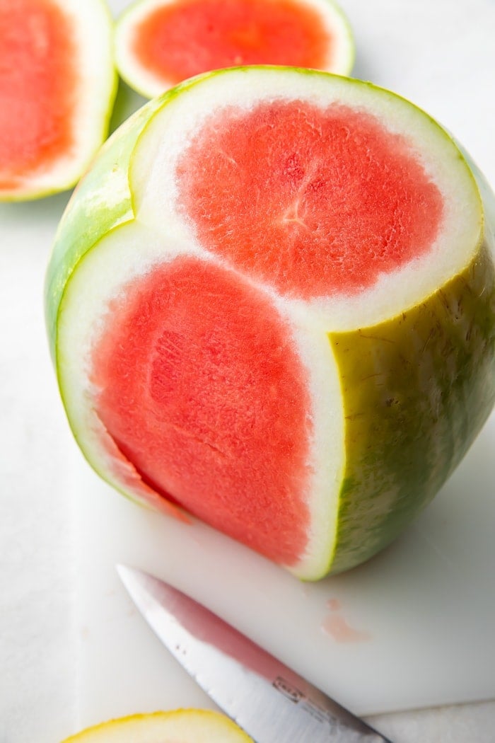 Watermelon with part of the rinds cut off