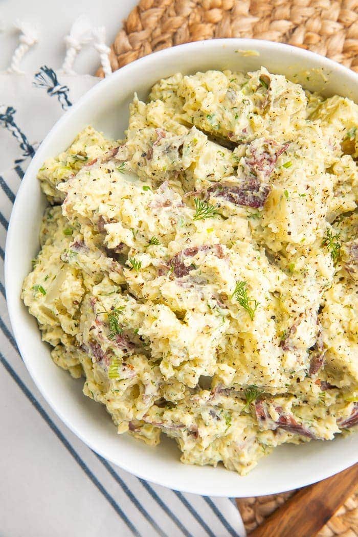 Red potato salad in a bowl