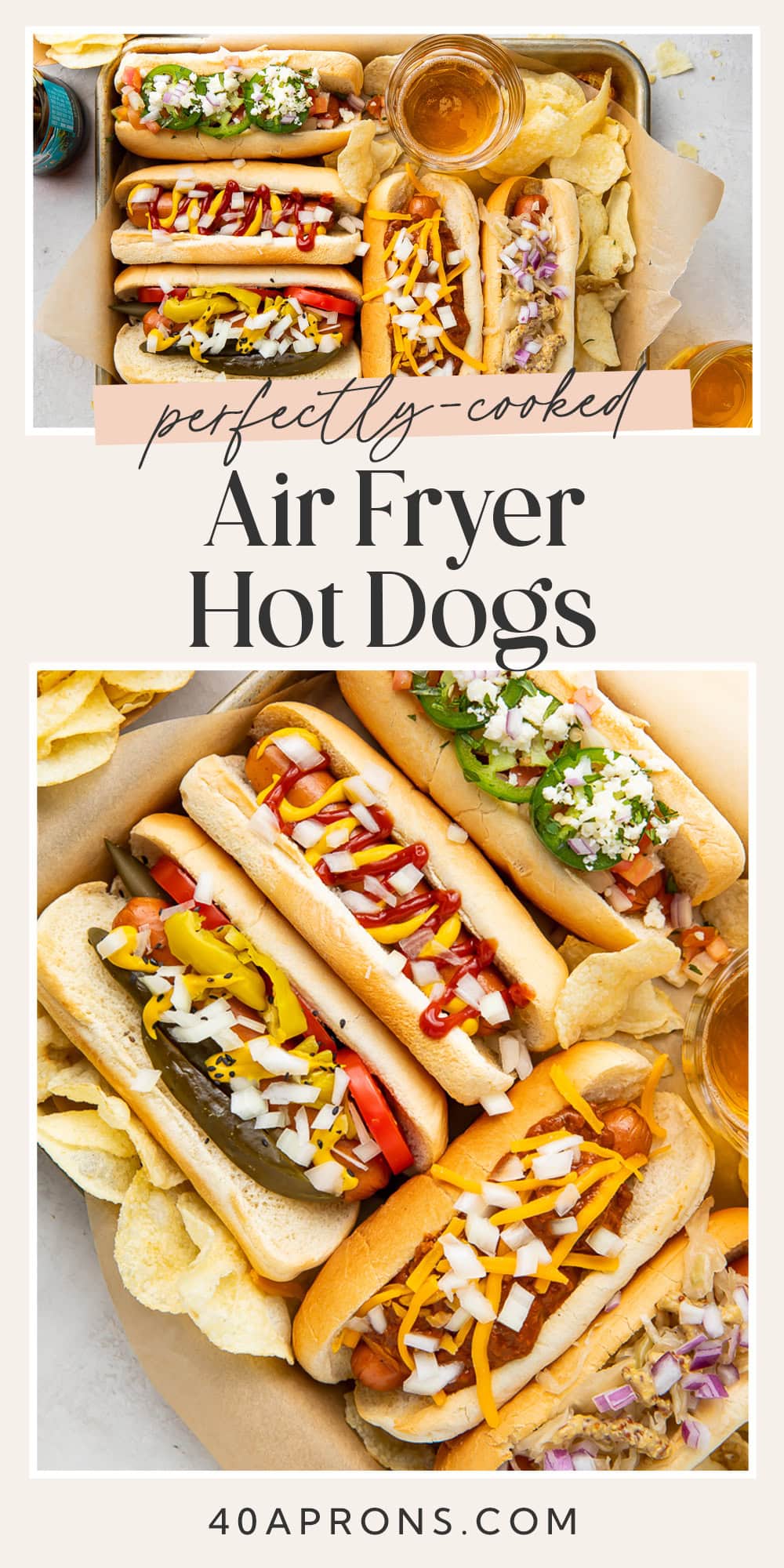 Pin graphic for air fryer hot dogs.