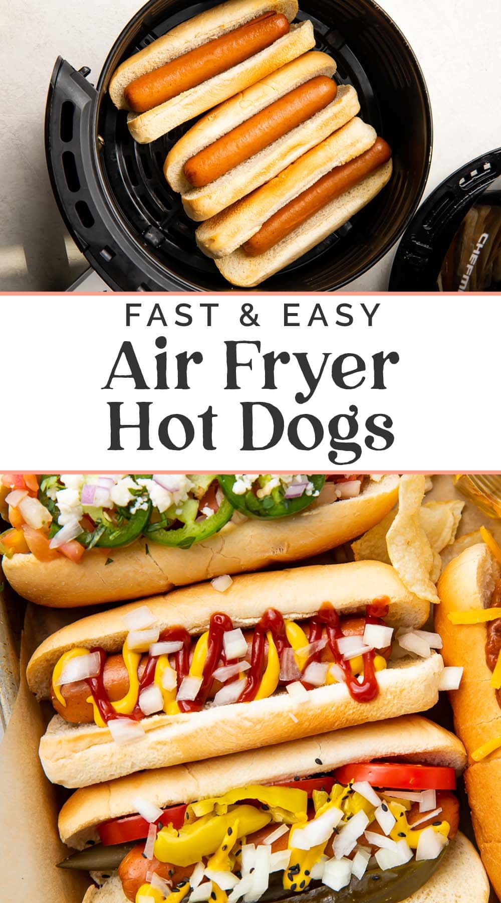 Pin graphic for air fryer hot dogs.