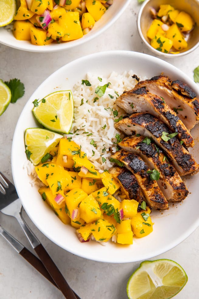 Jerk Chicken Bowls with Mango Salsa and Coconut Rice - 40 Aprons