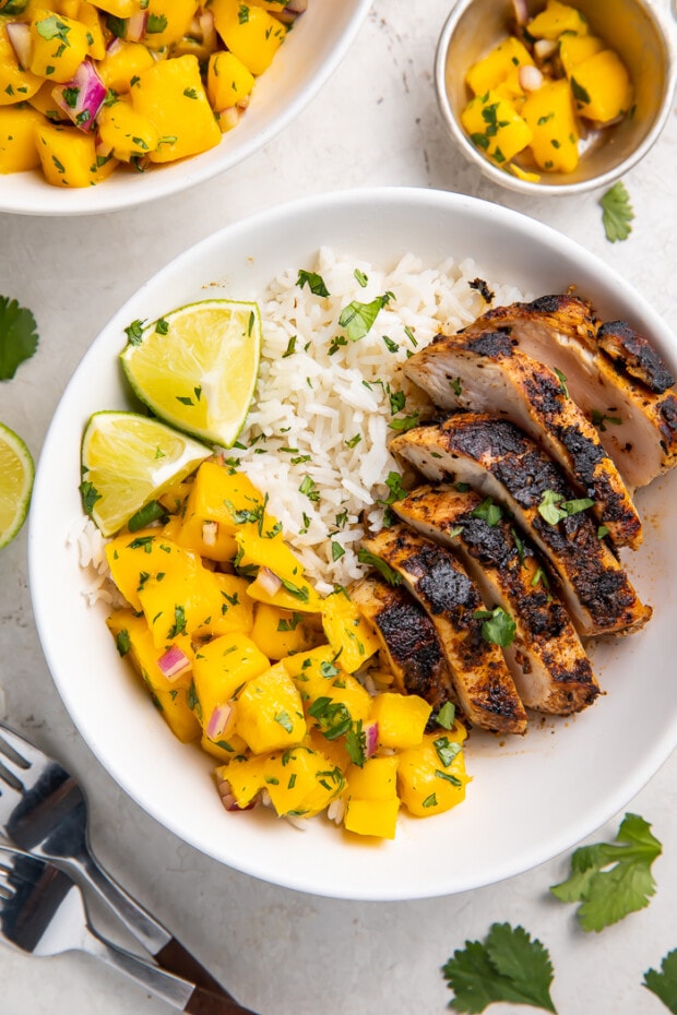 Jerk Chicken Bowls with Mango Salsa and Coconut Rice - 40 Aprons