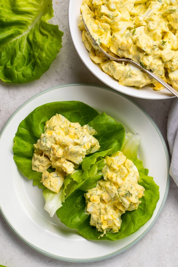 Keto egg salad on two pieces of lettuce
