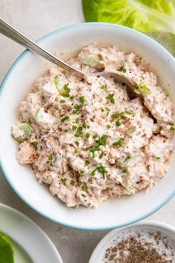 Keto tuna salad in a bowl with a spoon