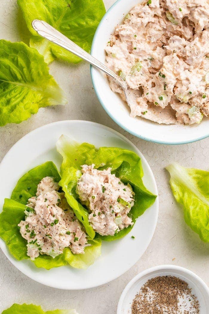 Two leaves of lettuce filled with keto tuna salad