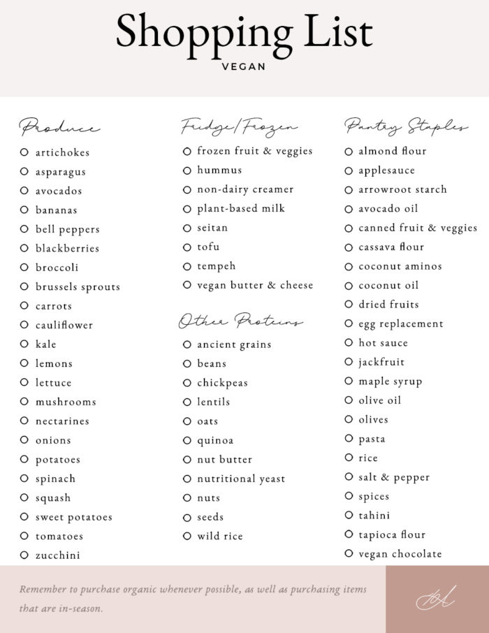 Vegan shopping list