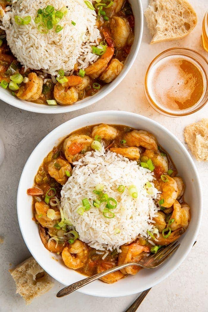 Overhead shot of a bowl of shrimp etouffee