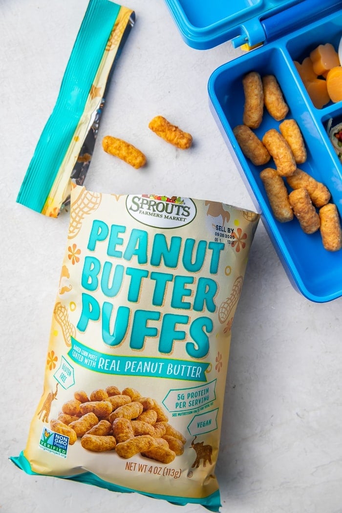 Close-up of bag of Sprouts Peanut Butter Puffs