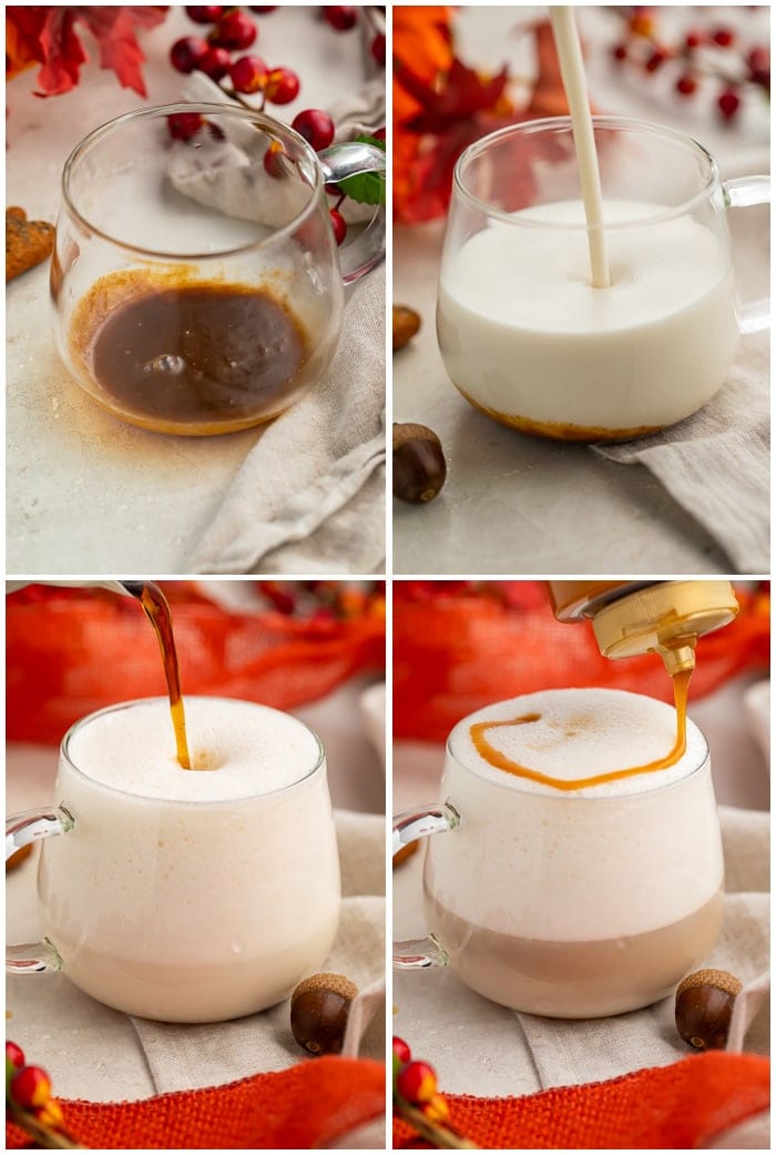 Four panel instructions for pumpkin caramel macchiato showing caramel in the bottom of a mug, milk being poured into the mug, the espresso being poured into the froth, and caramel being drizzled on the froth in the mug