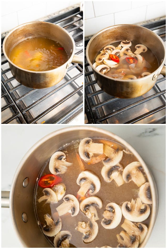 3 photos showing tom yum cooking on a stove