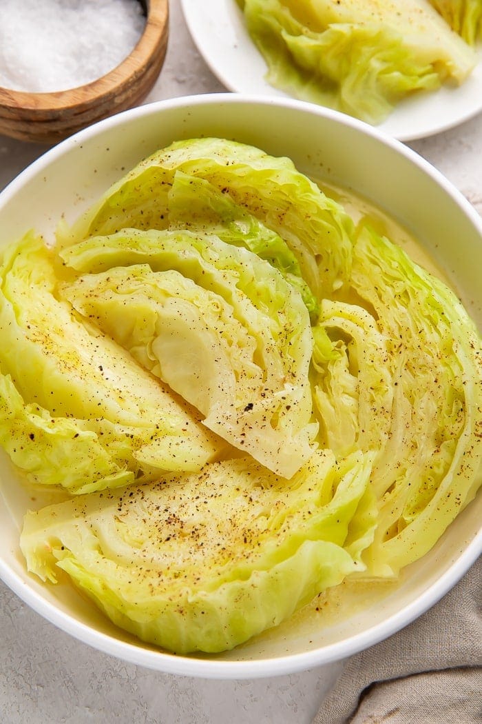 Boiled cabbage in a white bowl