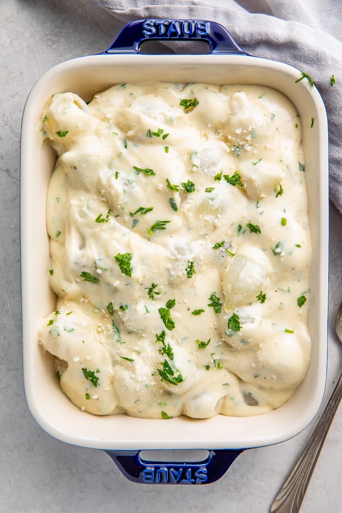 Creamed onions in a baking dish