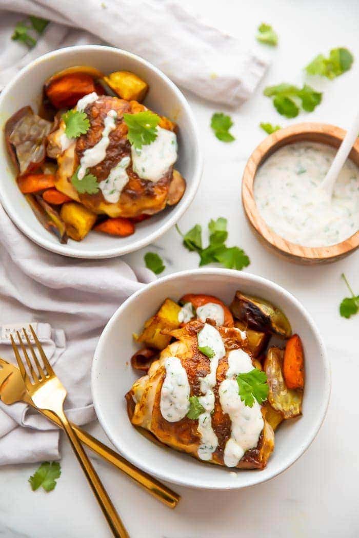 Indian Sheet Pan Chicken and Vegetables with Yogurt Sauce