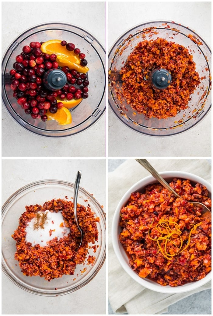 4 photo graphic showing steps of making cranberry orange relish in a food processor