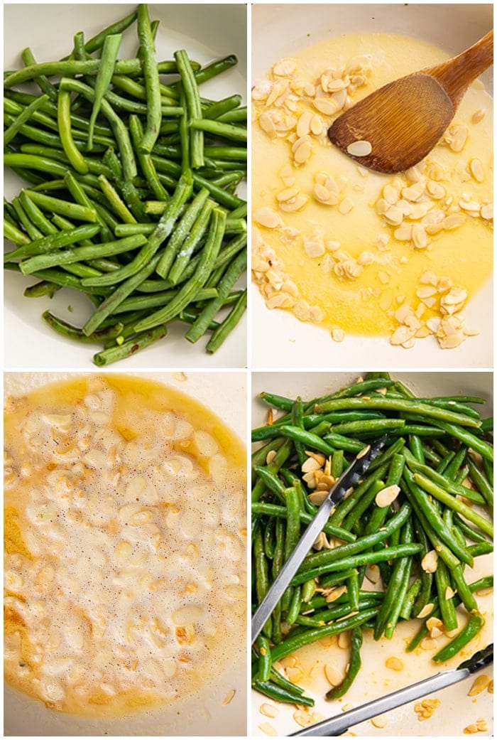 4 photo graphic illustrating how to create green bean amandine