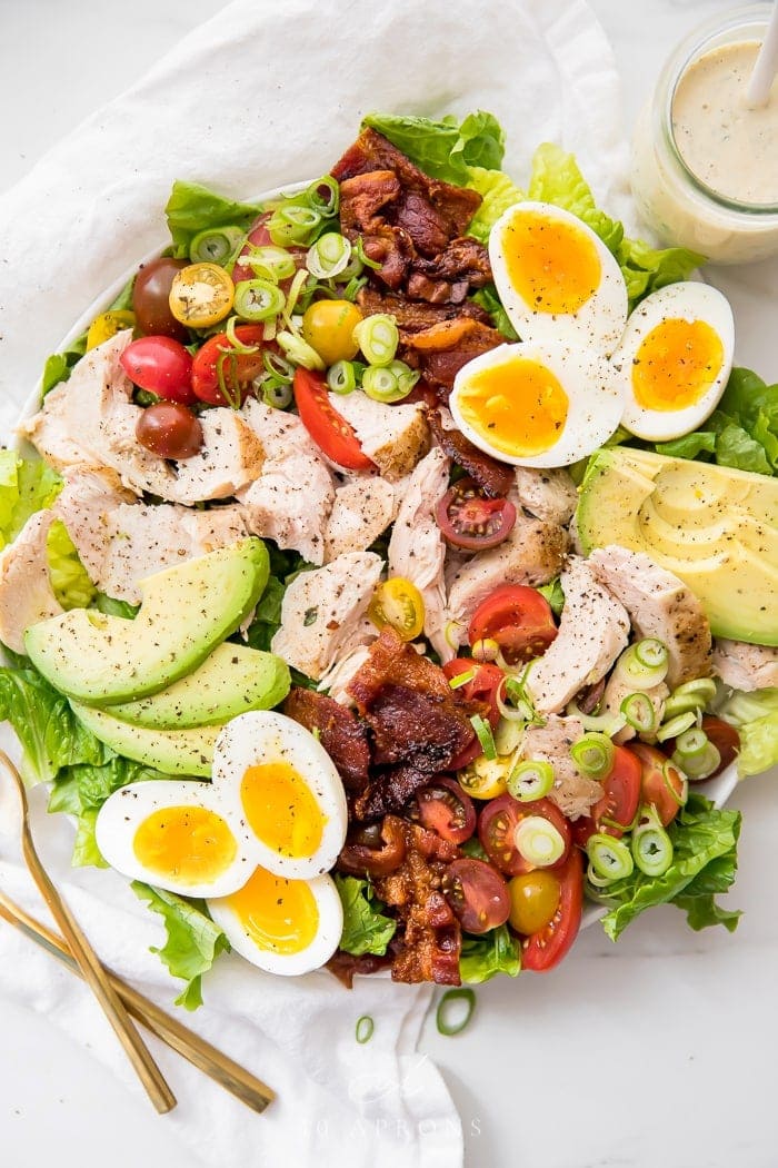 Whole30 chicken cobb salad with hard-boiled eggs, avocado, and bacon