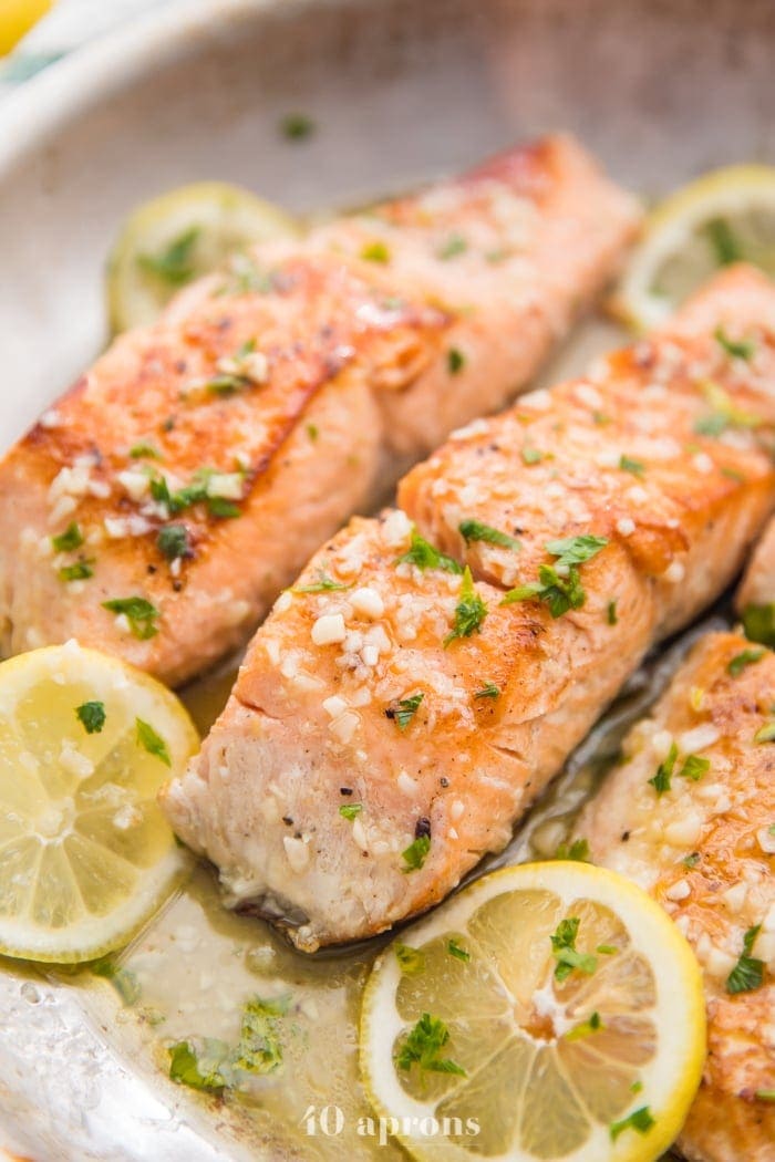 Lemon garlic salmon in a skillet