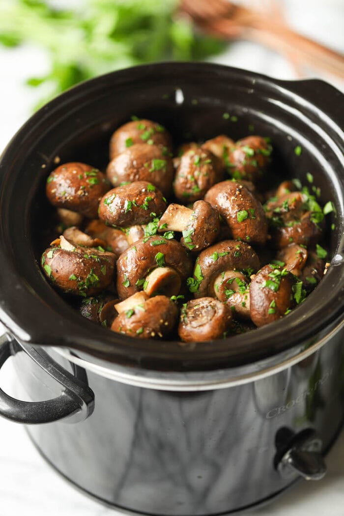 Roasted mushrooms in a crockpot 