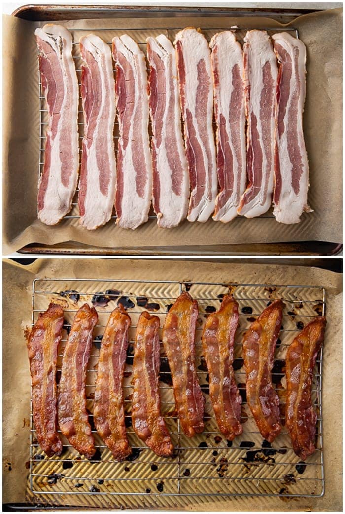 2 image graphic showing before and after of cooking bacon in the oven