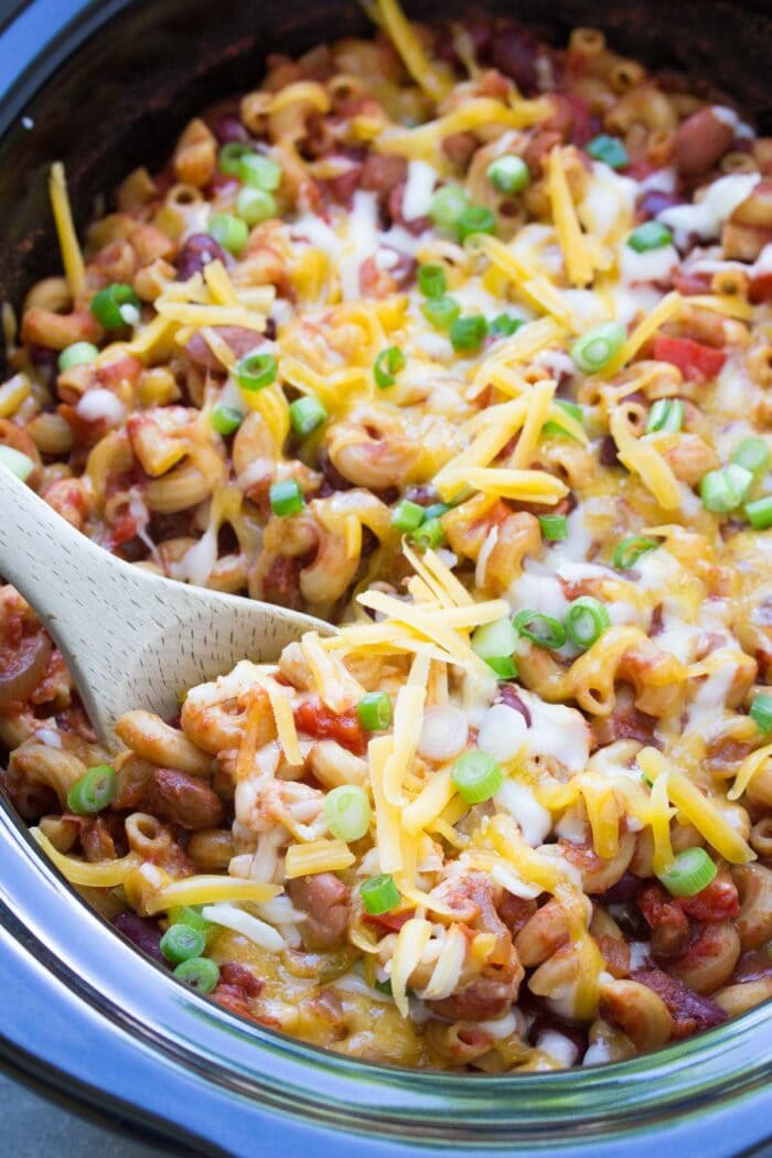 Vegetarian slow cooker chili mac in a crockpot