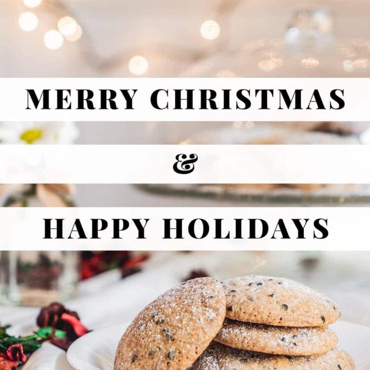 Merry christmas and happy holidays text over a Christmas tablescape with cookies and lights