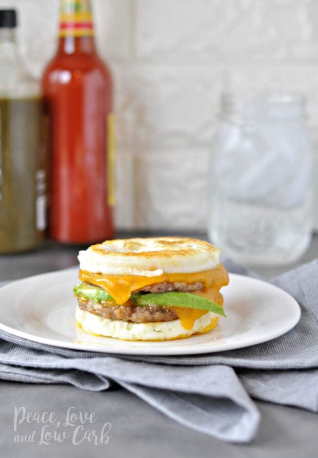 Keto breakfast sandwich with sausage, egg, and cheese