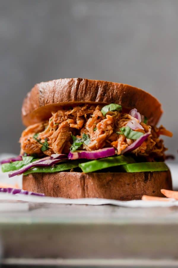 Slow cooker pulled chicken on sweet potato buns