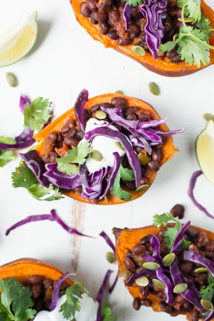 Vegetarian slow cooker black bean stuffed sweet potatoes